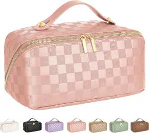 Large Capacity Travel Cosmetic Bag - Portable Makeup Bags for Women Waterproof PU Leather Checkered Makeup Organizer Bag with Dividers and Handle,Toiletry Bag for Cosmetics