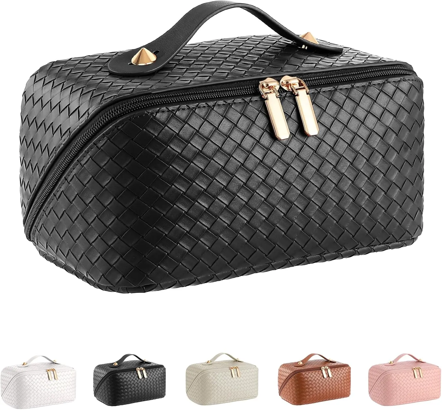 Large Capacity Travel Cosmetic Bag - Portable Makeup Bags for Women Waterproof PU Leather Checkered Makeup Organizer Bag with Dividers and Handle,Toiletry Bag for Cosmetics