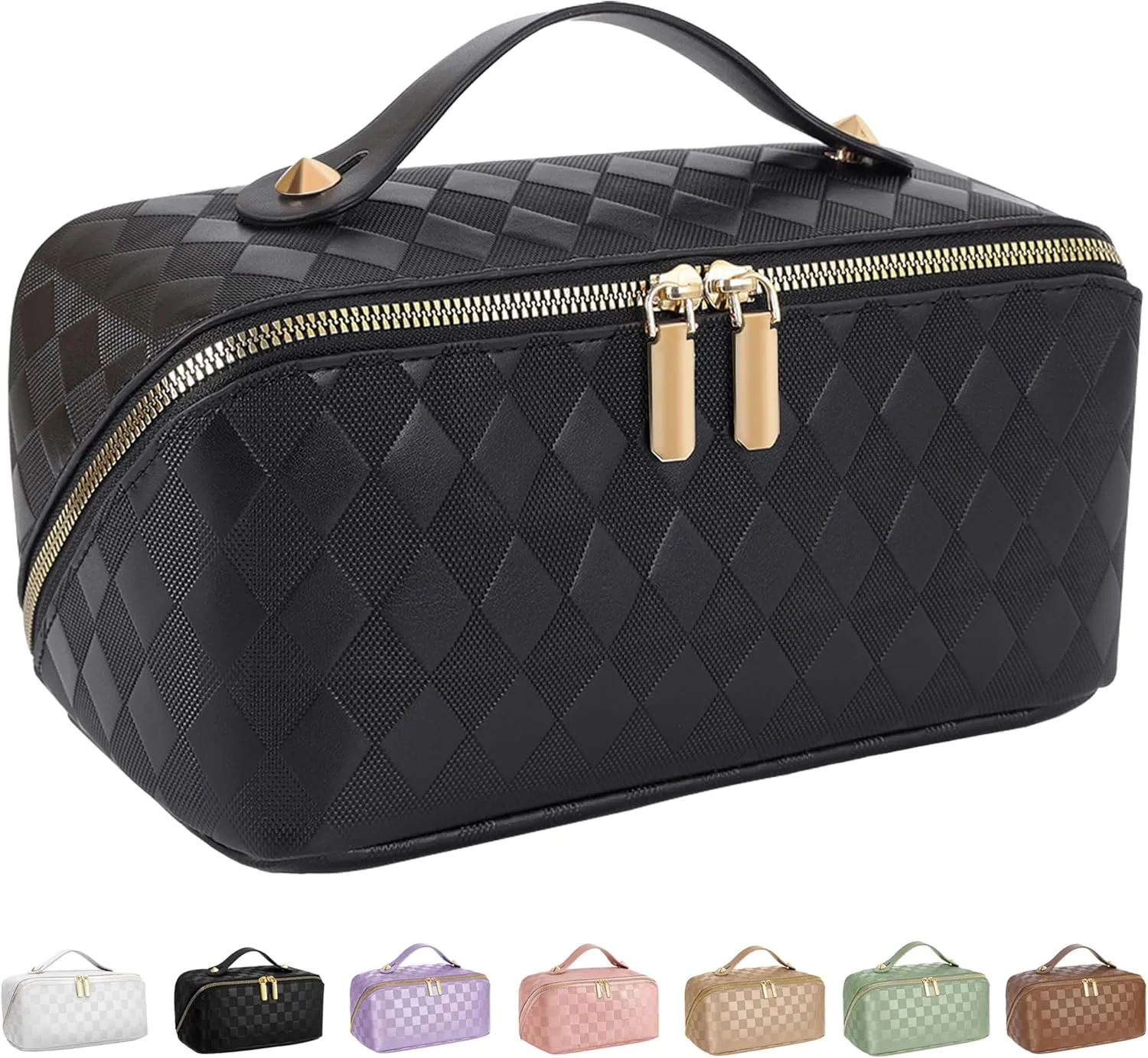 Large Capacity Travel Cosmetic Bag - Portable Makeup Bags for Women Waterproof PU Leather Checkered Makeup Organizer Bag with Dividers and Handle,Toiletry Bag for Cosmetics