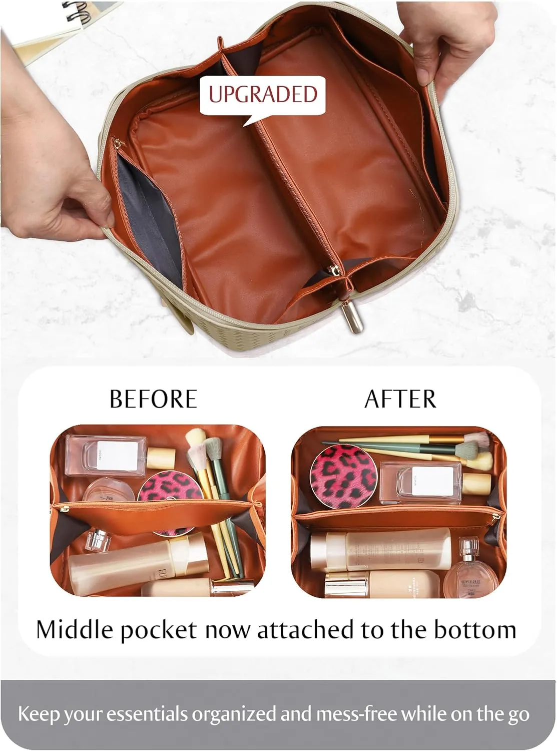 Large Capacity Travel Cosmetic Bag - Portable Makeup Bags for Women Waterproof PU Leather Checkered Makeup Organizer Bag with Dividers and Handle,Toiletry Bag for Cosmetics