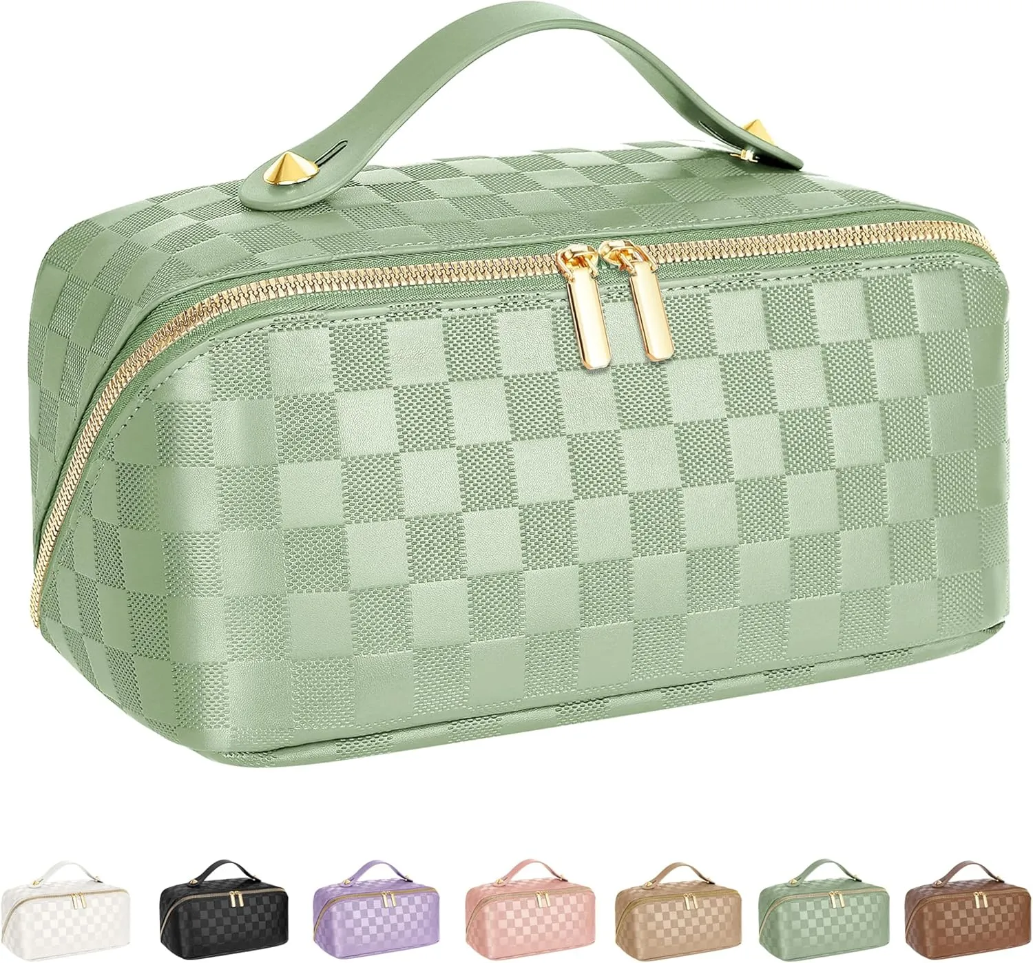 Large Capacity Travel Cosmetic Bag - Portable Makeup Bags for Women Waterproof PU Leather Checkered Makeup Organizer Bag with Dividers and Handle,Toiletry Bag for Cosmetics