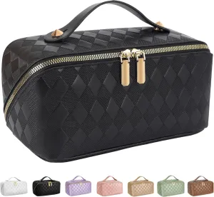 Large Capacity Travel Cosmetic Bag - Portable Makeup Bags for Women Waterproof PU Leather Checkered Makeup Organizer Bag with Dividers and Handle,Toiletry Bag for Cosmetics