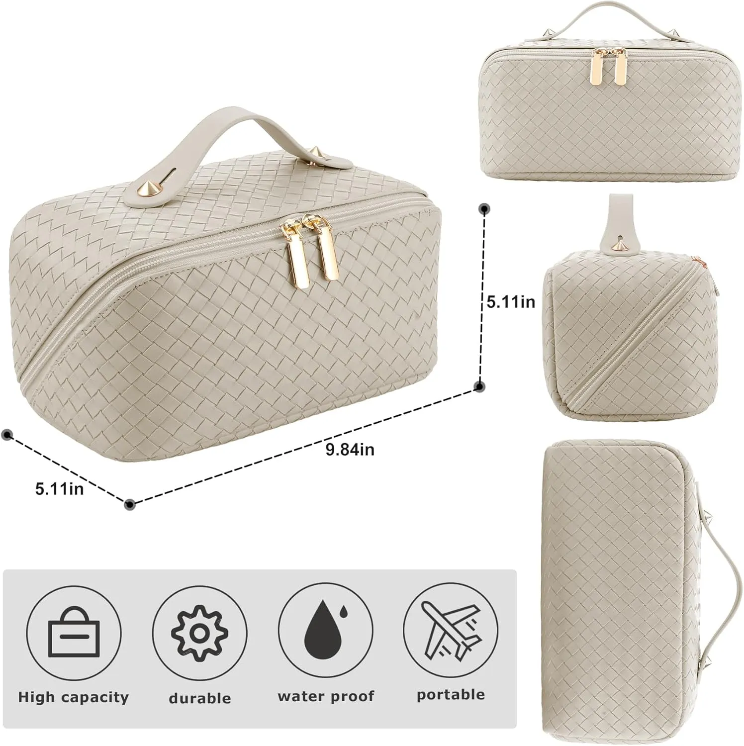 Large Capacity Travel Cosmetic Bag - Portable Makeup Bags for Women Waterproof PU Leather Checkered Makeup Organizer Bag with Dividers and Handle,Toiletry Bag for Cosmetics