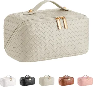 Large Capacity Travel Cosmetic Bag - Portable Makeup Bags for Women Waterproof PU Leather Checkered Makeup Organizer Bag with Dividers and Handle,Toiletry Bag for Cosmetics