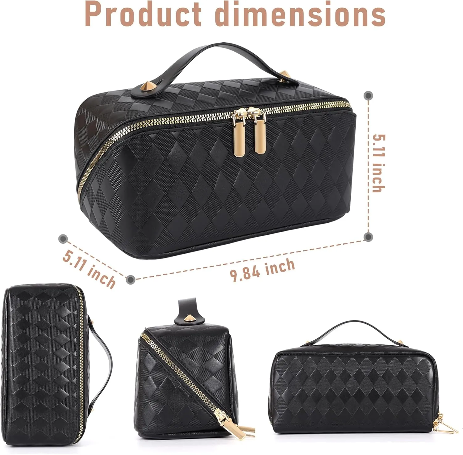 Large Capacity Travel Cosmetic Bag - Portable Makeup Bags for Women Waterproof PU Leather Checkered Makeup Organizer Bag with Dividers and Handle,Toiletry Bag for Cosmetics