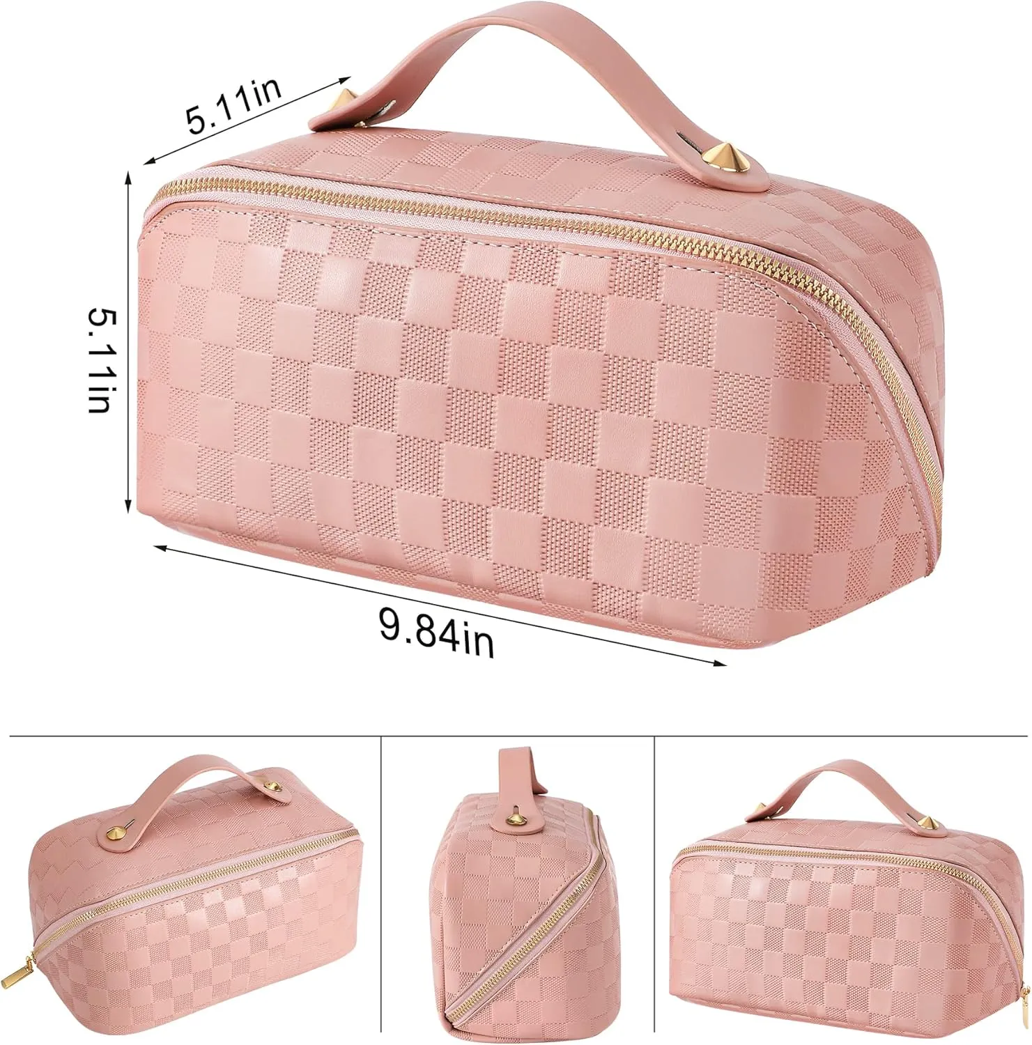 Large Capacity Travel Cosmetic Bag - Portable Makeup Bags for Women Waterproof PU Leather Checkered Makeup Organizer Bag with Dividers and Handle,Toiletry Bag for Cosmetics