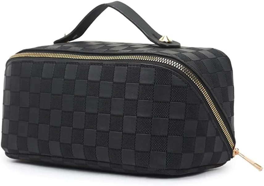 Large Capacity Travel Cosmetic Bags Plaid Checkered Makeup Bag Portable Multifunctional PU Leather Waterproof Skincare Bag with Handle and Divider (Black)