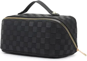 Large Capacity Travel Cosmetic Bags Plaid Checkered Makeup Bag Portable Multifunctional PU Leather Waterproof Skincare Bag with Handle and Divider (Black)