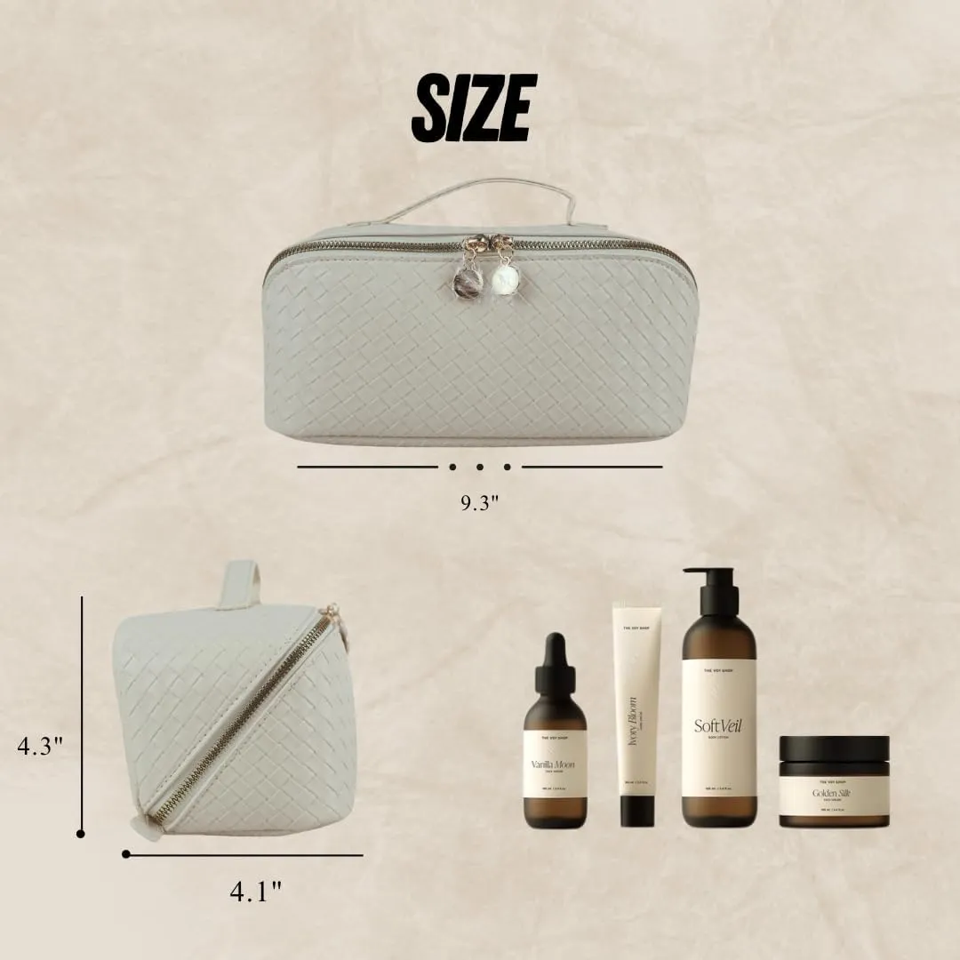 Large Capacity Travel Makeup Bag PU Leather Makeup Bag Organizer Toiletry Bag with divider Cosmetic Bags for Women Leather Waterproof Cosmetic Bag Open Flat Design (Checkered Beige)