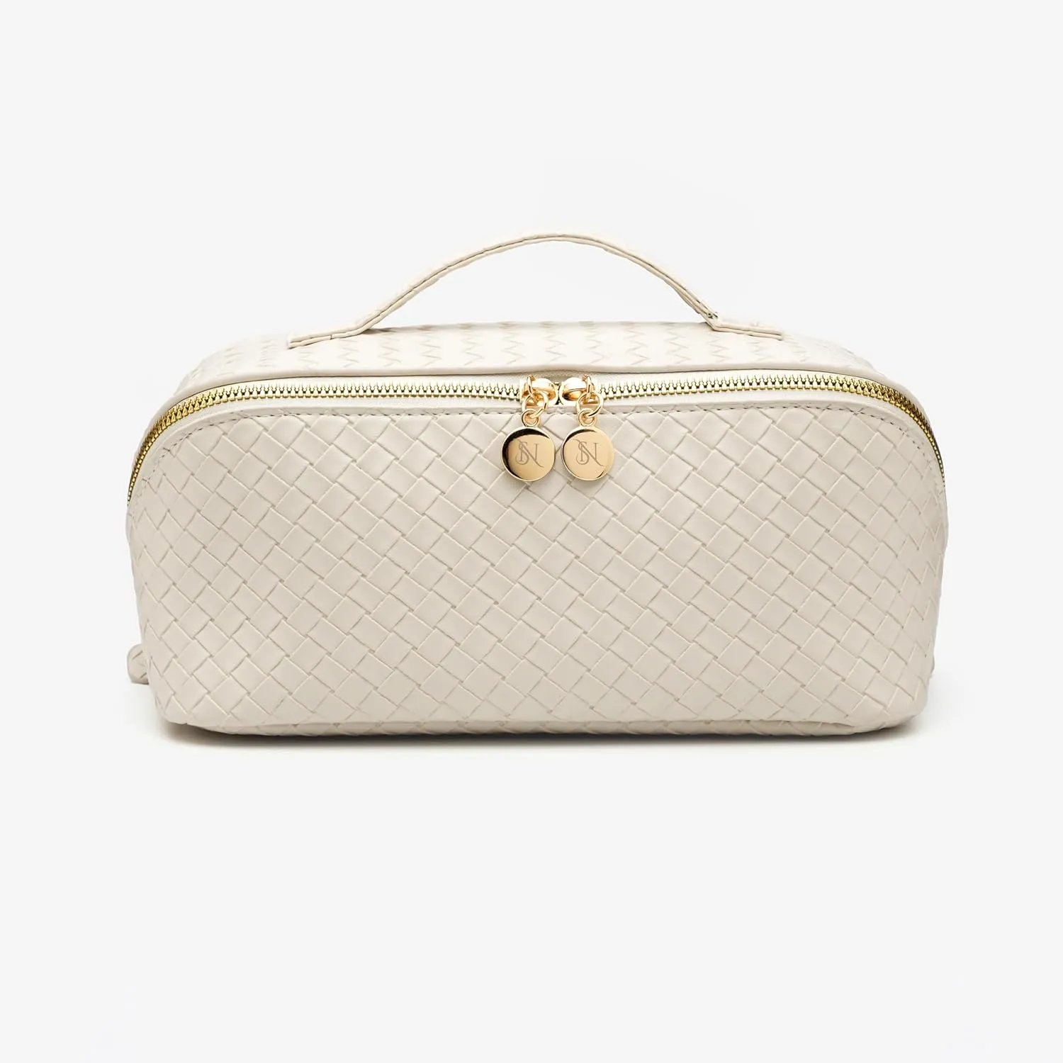 Large Capacity Travel Makeup Bag PU Leather Makeup Bag Organizer Toiletry Bag with divider Cosmetic Bags for Women Leather Waterproof Cosmetic Bag Open Flat Design (Checkered Beige)