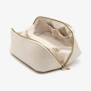 Large Capacity Travel Makeup Bag PU Leather Makeup Bag Organizer Toiletry Bag with divider Cosmetic Bags for Women Leather Waterproof Cosmetic Bag Open Flat Design (Checkered Beige)