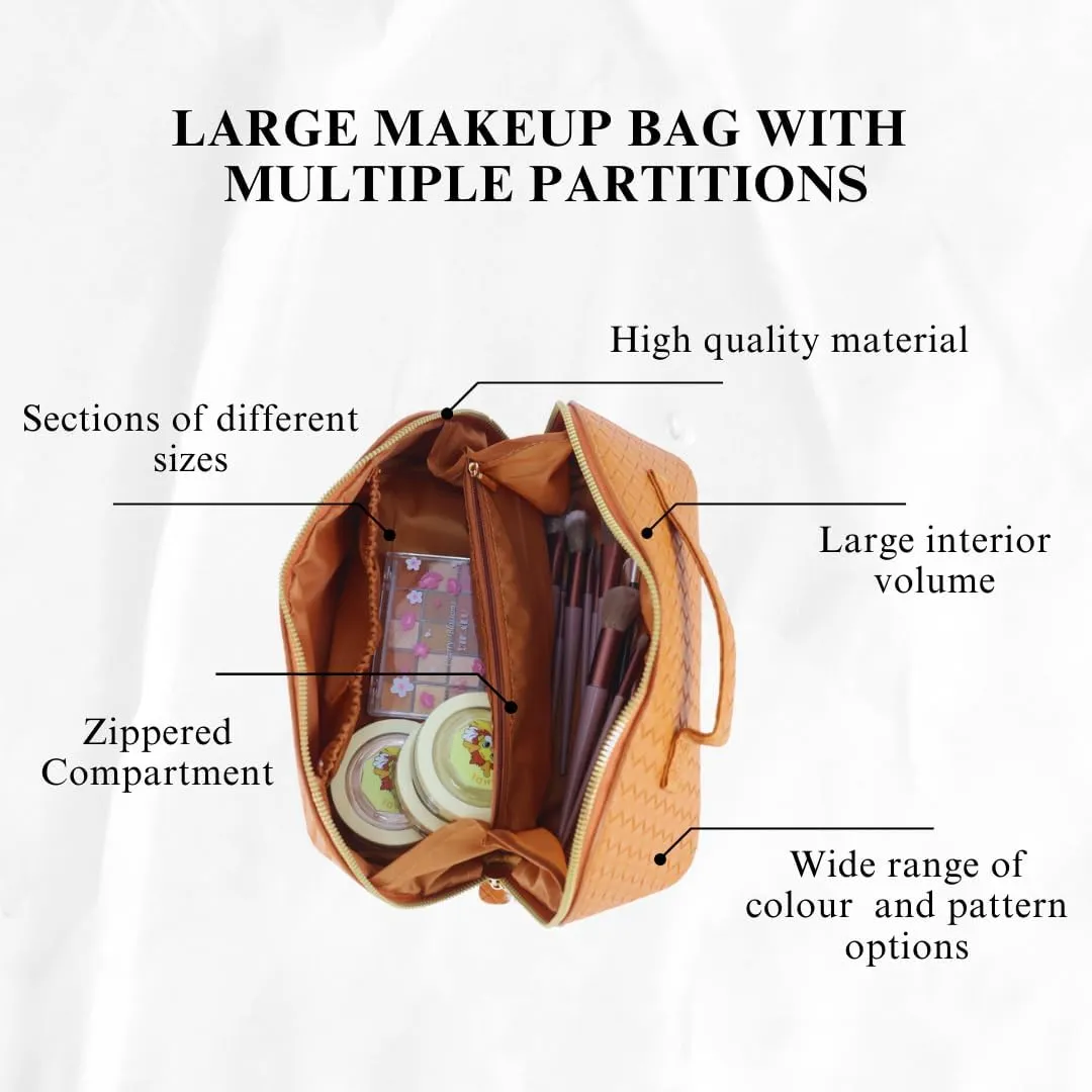 Large Capacity Waterproof Makeup Bag Organizer – PU Leather Travel Cosmetic Bag, Stylish Toiletry Organizer for Women, Durable & Portable Design with Divider & Handle (Checkered Brown)