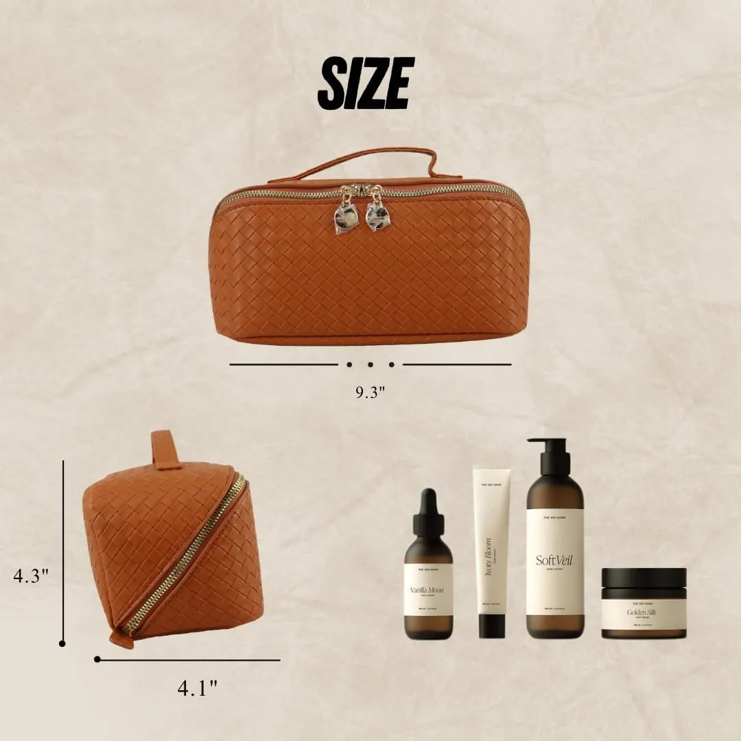 Large Capacity Waterproof Makeup Bag Organizer – PU Leather Travel Cosmetic Bag, Stylish Toiletry Organizer for Women, Durable & Portable Design with Divider & Handle (Checkered Brown)