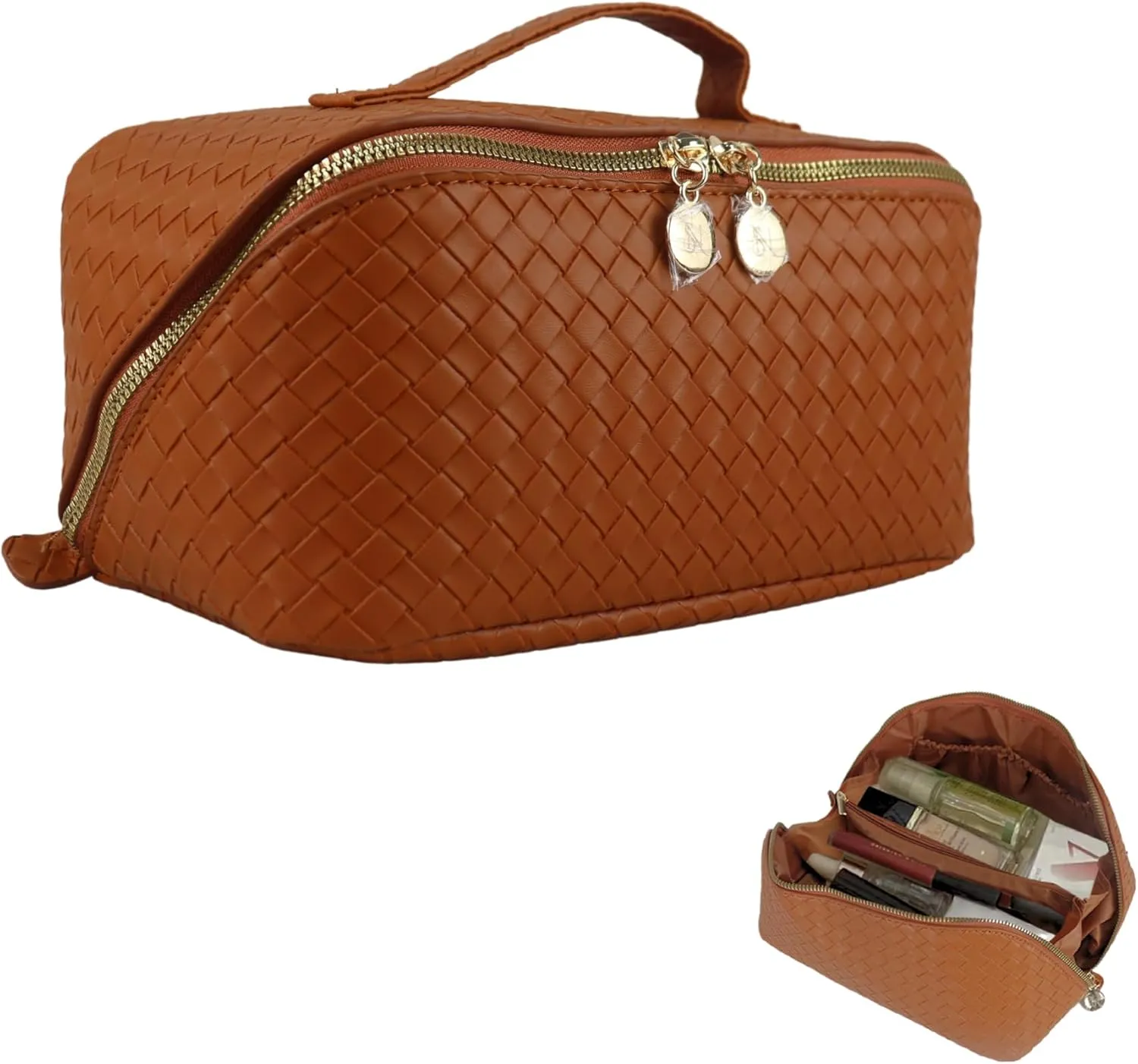 Large Capacity Waterproof Makeup Bag Organizer – PU Leather Travel Cosmetic Bag, Stylish Toiletry Organizer for Women, Durable & Portable Design with Divider & Handle (Checkered Brown)