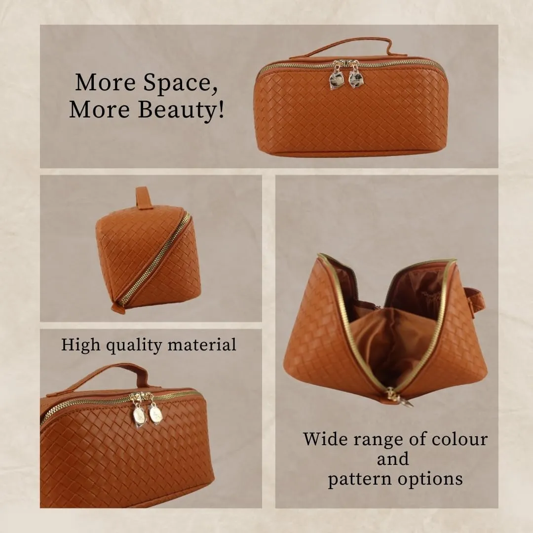 Large Capacity Waterproof Makeup Bag Organizer – PU Leather Travel Cosmetic Bag, Stylish Toiletry Organizer for Women, Durable & Portable Design with Divider & Handle (Checkered Brown)
