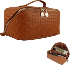 Large Capacity Waterproof Makeup Bag Organizer – PU Leather Travel Cosmetic Bag, Stylish Toiletry Organizer for Women, Durable & Portable Design with Divider & Handle (Checkered Brown)