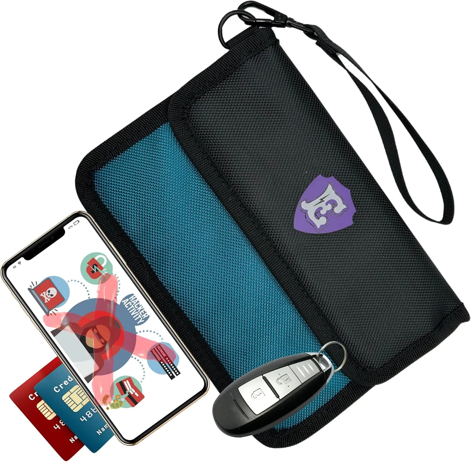 Large Faraday Bags for Phones with Two Pockets, RFID Blocking Sleeves, Signal Blocking Shield, Faraday Key Fob Protector, RFID Faraday Pouch for Key fob w/Removable Handle