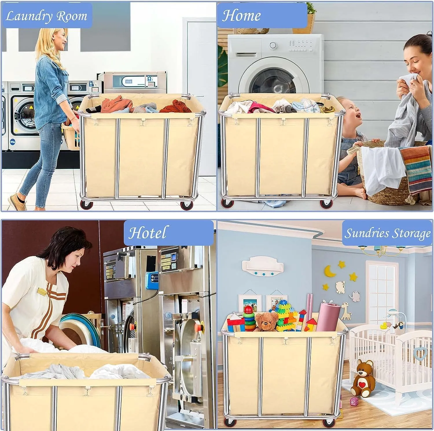 Laundry Cart for Commercial/Home,12 Bushels Heavy Duty Large Stainless Steel Rolling Laundry Basket with Wheels，for Laundry/Toys/Sundries Organizer and Storage,286LBS Load