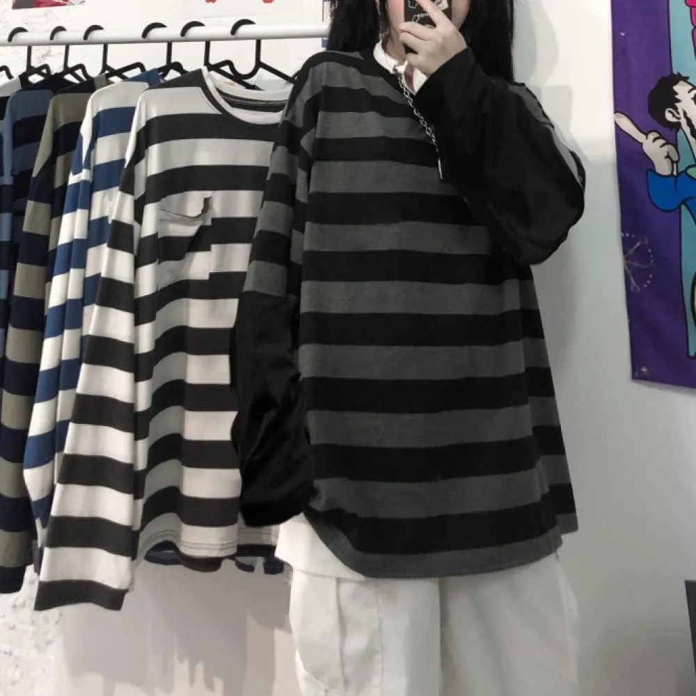 LAVASEON Harajuku Oversized Striped T-Shirt Long Sleeve Crew Neck Casual Matching Couple Streetwear Pullover