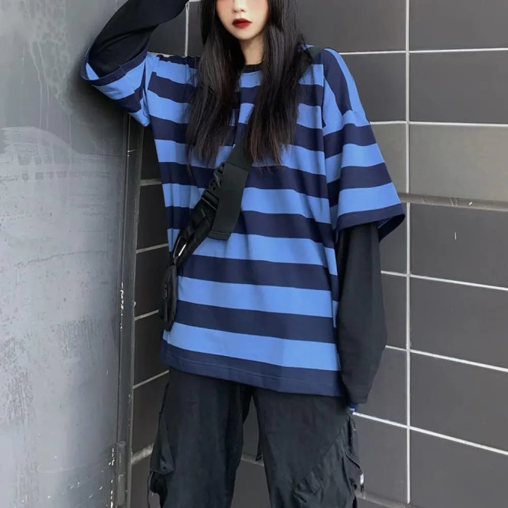 LAVASEON Harajuku Oversized Striped T-Shirt Long Sleeve Crew Neck Casual Matching Couple Streetwear Pullover