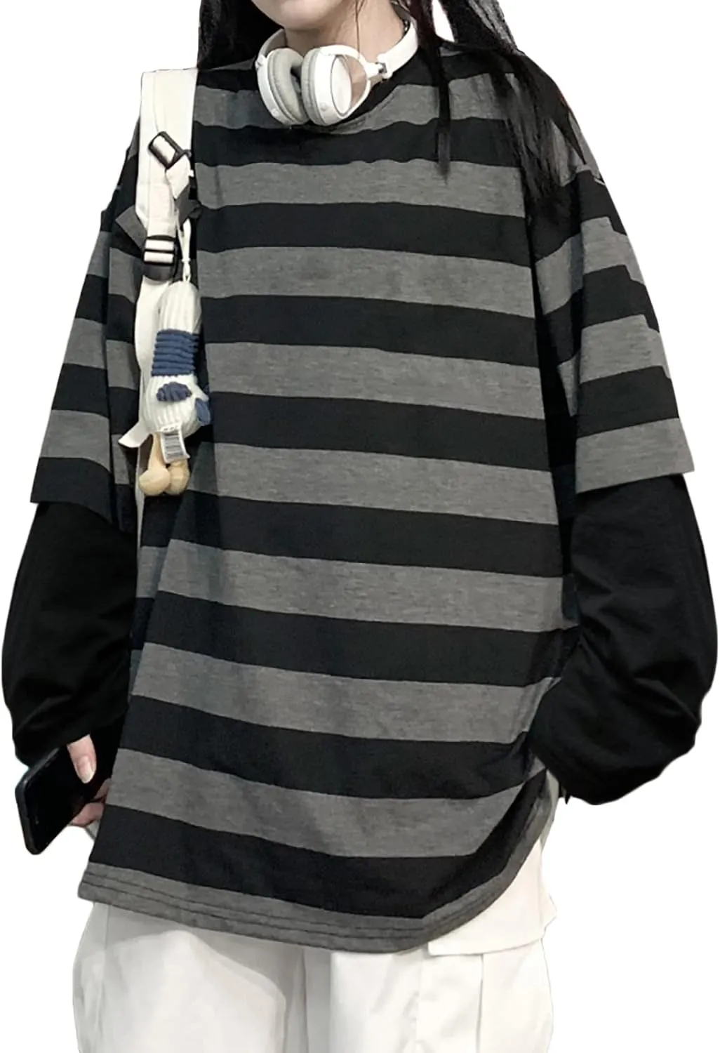 LAVASEON Harajuku Oversized Striped T-Shirt Long Sleeve Crew Neck Casual Matching Couple Streetwear Pullover