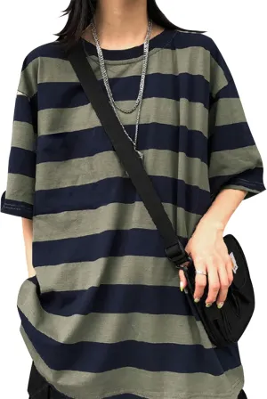 LAVASEON Harajuku Oversized Striped T-Shirt Long Sleeve Crew Neck Casual Matching Couple Streetwear Pullover