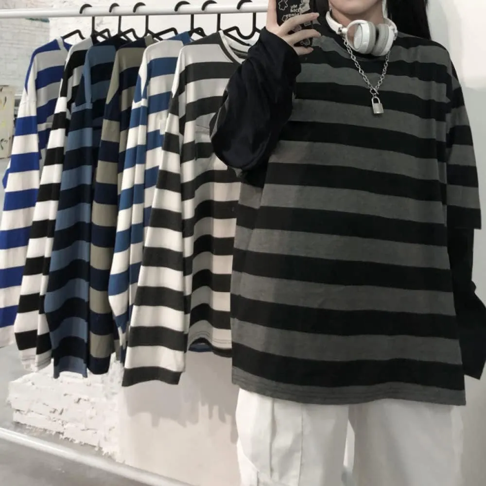 LAVASEON Harajuku Oversized Striped T-Shirt Long Sleeve Crew Neck Casual Matching Couple Streetwear Pullover
