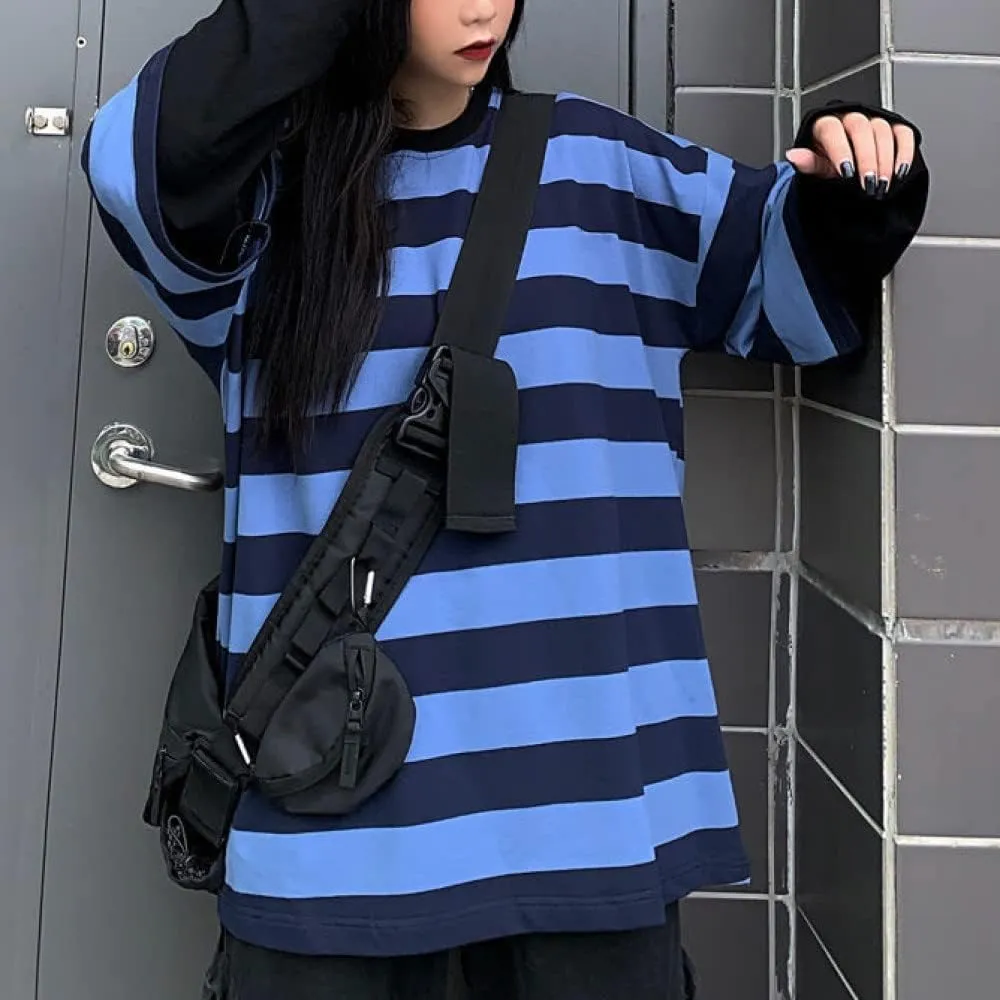 LAVASEON Harajuku Oversized Striped T-Shirt Long Sleeve Crew Neck Casual Matching Couple Streetwear Pullover