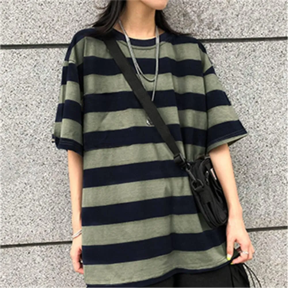 LAVASEON Harajuku Oversized Striped T-Shirt Long Sleeve Crew Neck Casual Matching Couple Streetwear Pullover