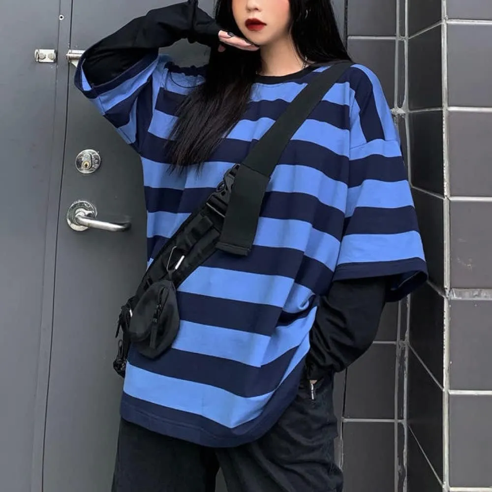 LAVASEON Harajuku Oversized Striped T-Shirt Long Sleeve Crew Neck Casual Matching Couple Streetwear Pullover