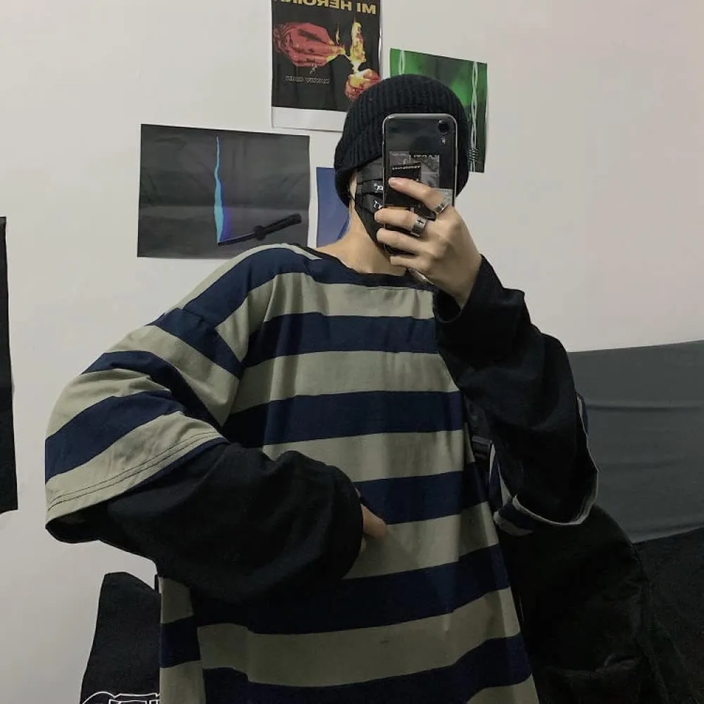 LAVASEON Harajuku Oversized Striped T-Shirt Long Sleeve Crew Neck Casual Matching Couple Streetwear Pullover