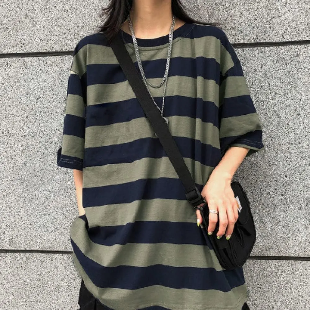 LAVASEON Harajuku Oversized Striped T-Shirt Long Sleeve Crew Neck Casual Matching Couple Streetwear Pullover