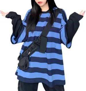 LAVASEON Harajuku Oversized Striped T-Shirt Long Sleeve Crew Neck Casual Matching Couple Streetwear Pullover