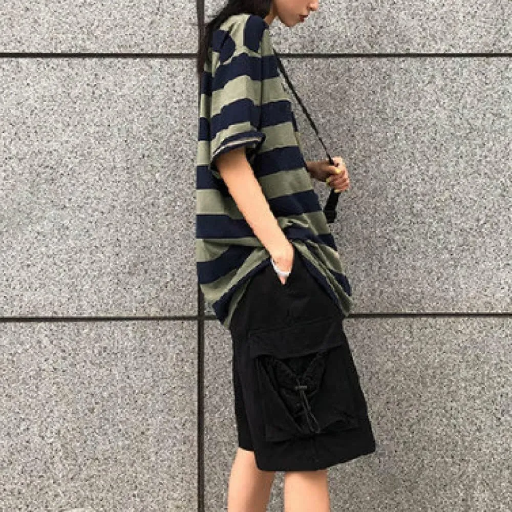 LAVASEON Harajuku Oversized Striped T-Shirt Long Sleeve Crew Neck Casual Matching Couple Streetwear Pullover