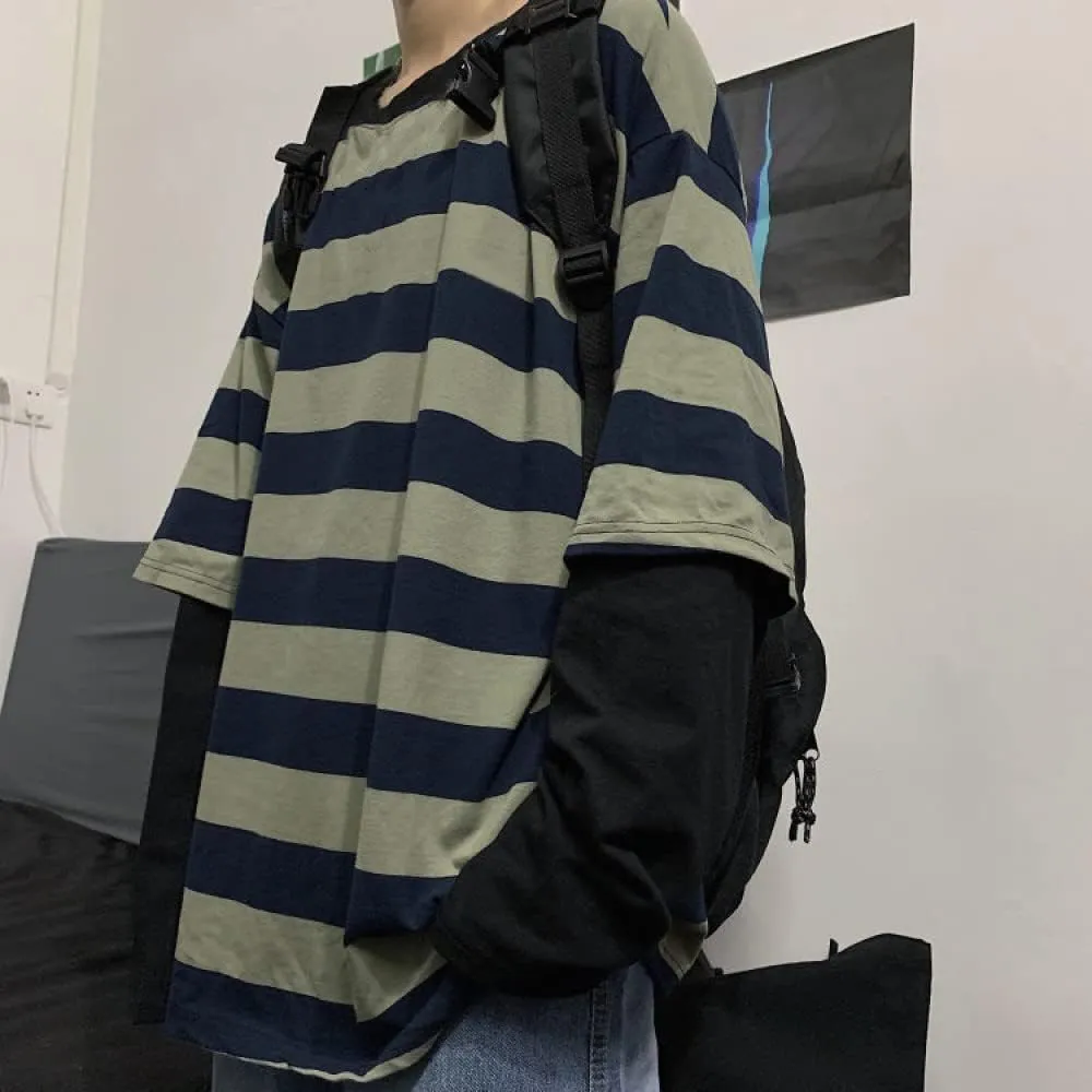 LAVASEON Harajuku Oversized Striped T-Shirt Long Sleeve Crew Neck Casual Matching Couple Streetwear Pullover