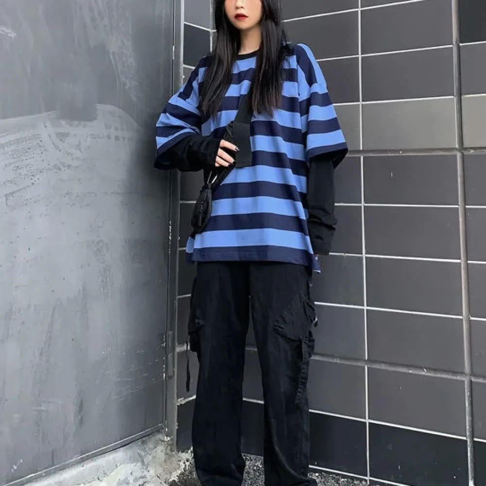 LAVASEON Harajuku Oversized Striped T-Shirt Long Sleeve Crew Neck Casual Matching Couple Streetwear Pullover