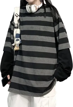 LAVASEON Harajuku Oversized Striped T-Shirt Long Sleeve Crew Neck Casual Matching Couple Streetwear Pullover