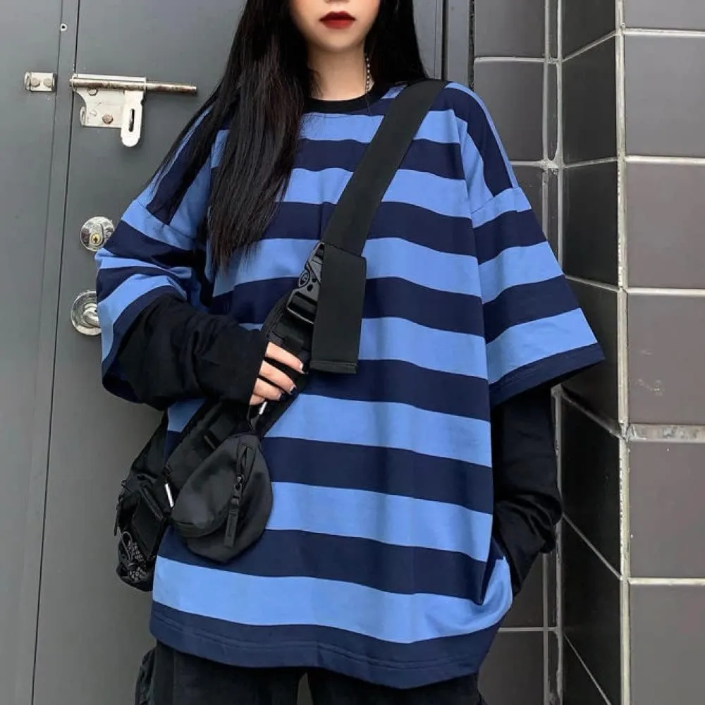 LAVASEON Harajuku Oversized Striped T-Shirt Long Sleeve Crew Neck Casual Matching Couple Streetwear Pullover