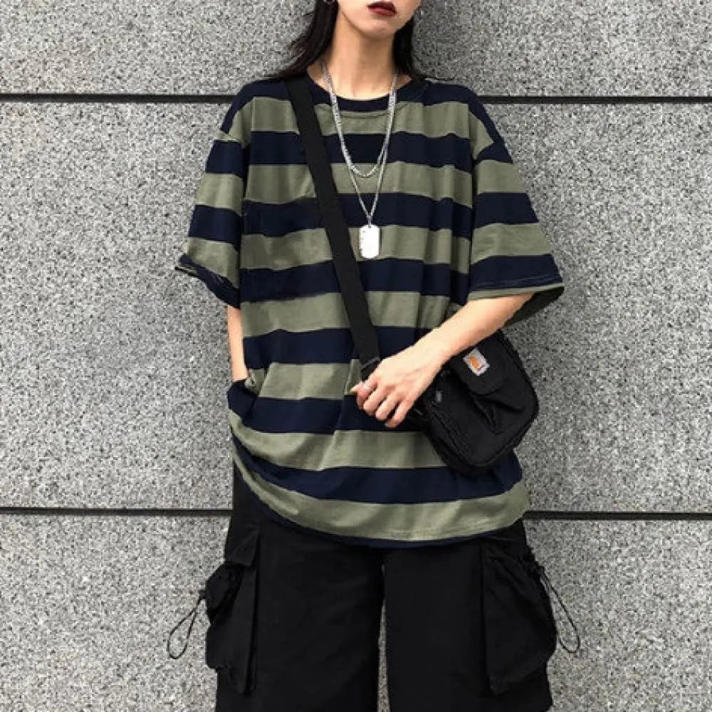 LAVASEON Harajuku Oversized Striped T-Shirt Long Sleeve Crew Neck Casual Matching Couple Streetwear Pullover