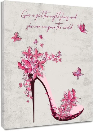 LB High Heel Canvas Wall Art Abstract Flower Pink Butterfly Wooden Framed Bathroom Wall Art Motivational Vertical Prints Wall Decor for Living Room Bedroom Kitchen Office Decorative,16Wx20L inch