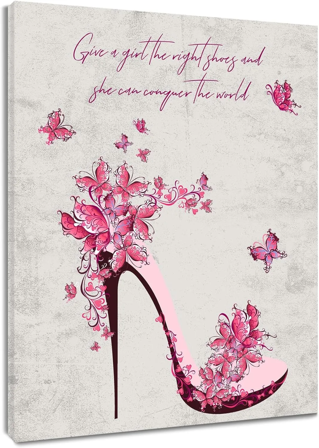 LB High Heel Canvas Wall Art Abstract Flower Pink Butterfly Wooden Framed Bathroom Wall Art Motivational Vertical Prints Wall Decor for Living Room Bedroom Kitchen Office Decorative,16Wx20L inch