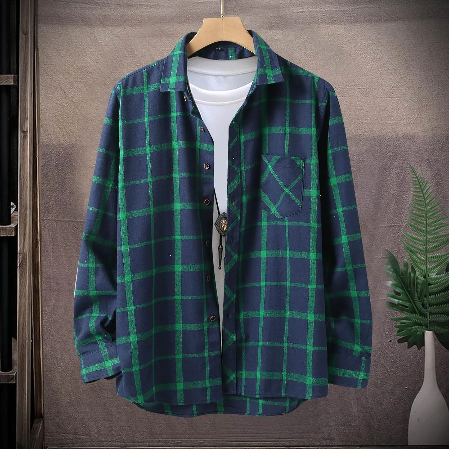 LCMTWX Men's Cotton Plaid Shirts Jacket Printing Lightweight Breathable Long Sleeve Lapel Formal Fleece Lined Flannel