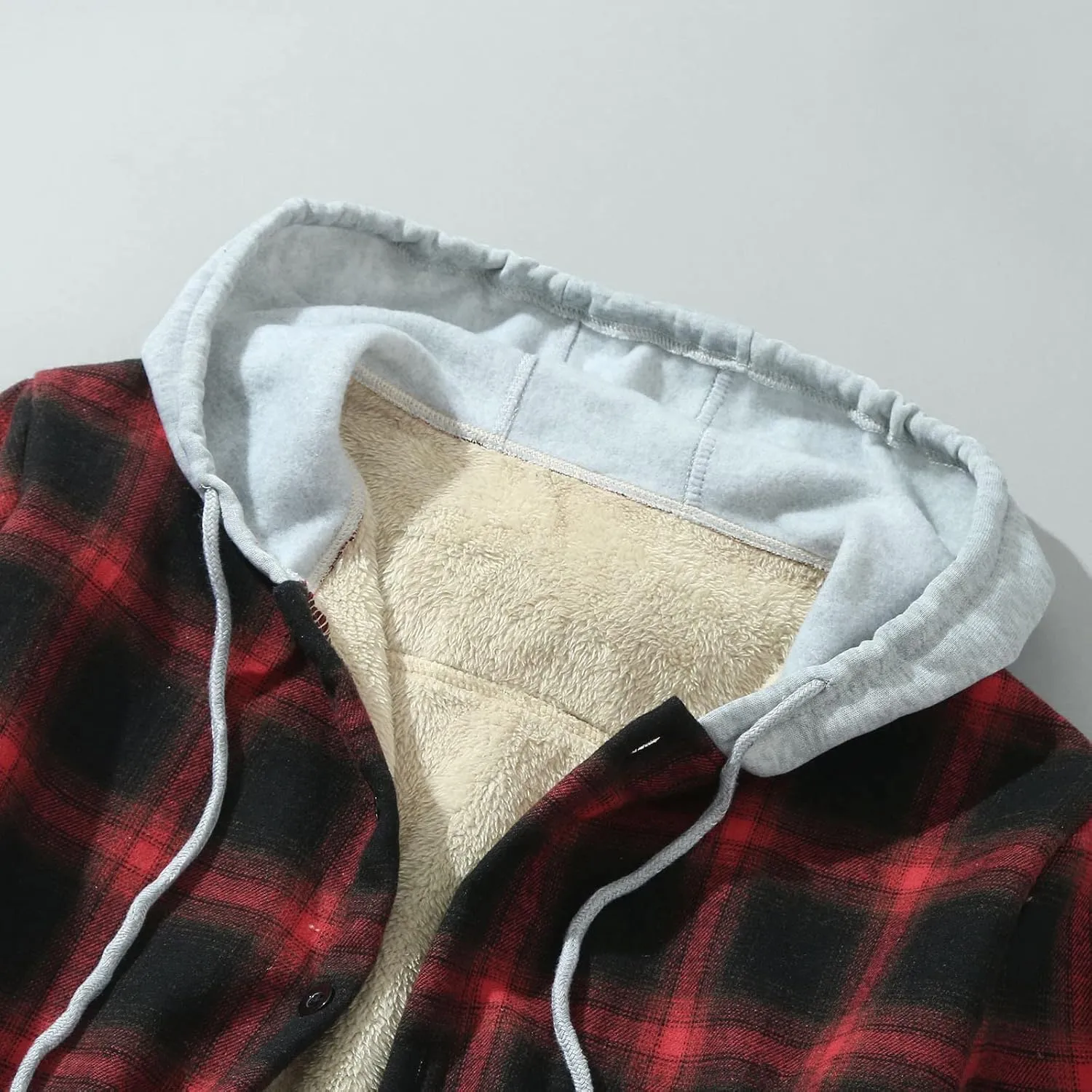 LCMTWX Men's Flannel Jackets Large Plaid Lapel Pocket Plus Velvet Coat Shirt Top Coat with Zipper with Hood for