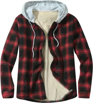 LCMTWX Men's Flannel Jackets Large Plaid Lapel Pocket Plus Velvet Coat Shirt Top Coat with Zipper with Hood for
