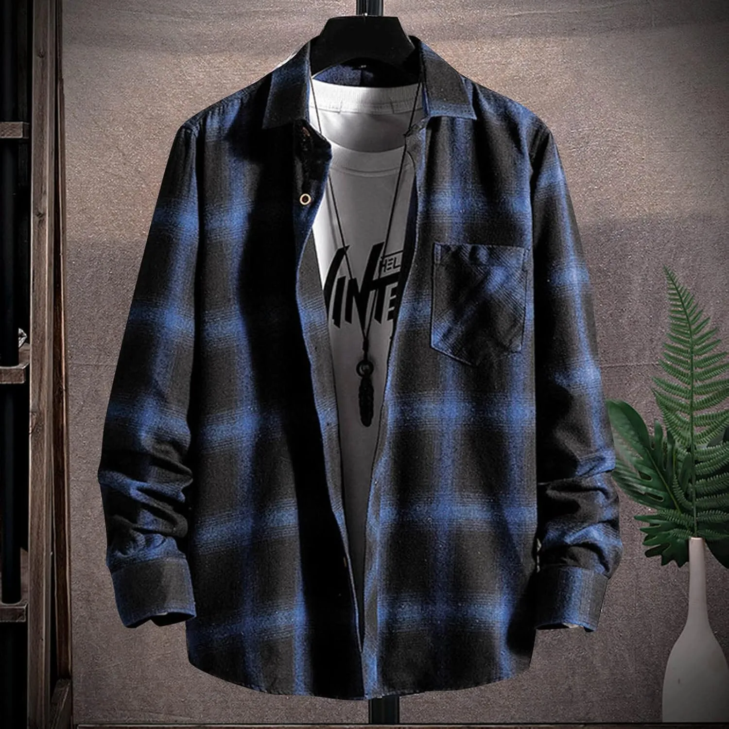 LCMTWX Men's Hooded Shirt Jacket Square Printing Lightweight Breathable Long Sleeve Lapel Formal Fleece Button Down Shirt
