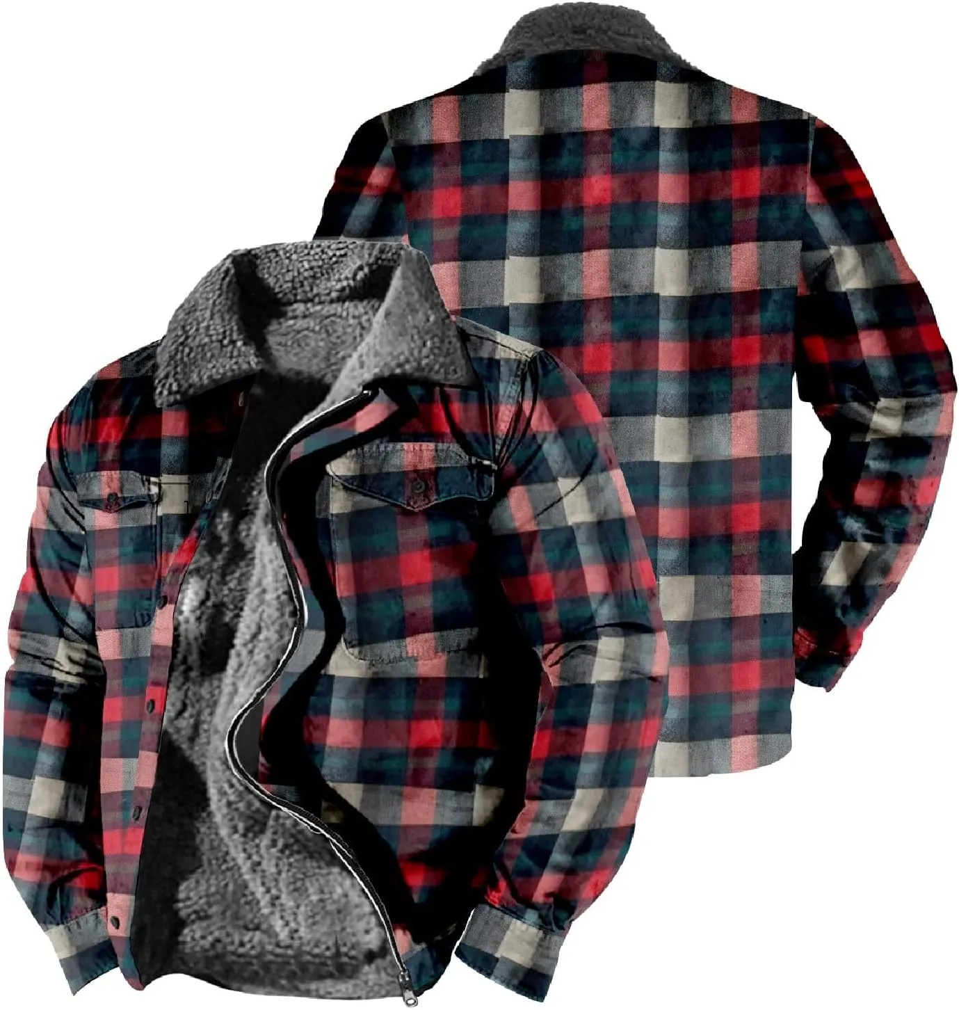 LCMTWX Mens Plaid Flannel Jacket Pocket Hooded Padded Loose Shirt Top Jacket Coats Casual Long Sleeve Coat with