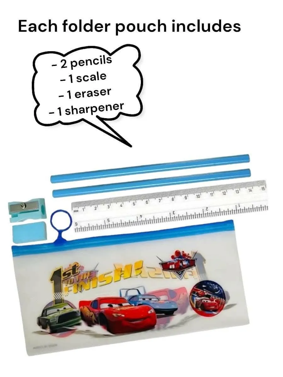 Le Delite 6 Pieces Cartoon Zipper Folder Pouches for Kids with Stationary Pencil, Scale, Eraser & Sharpener (Pack of 6)