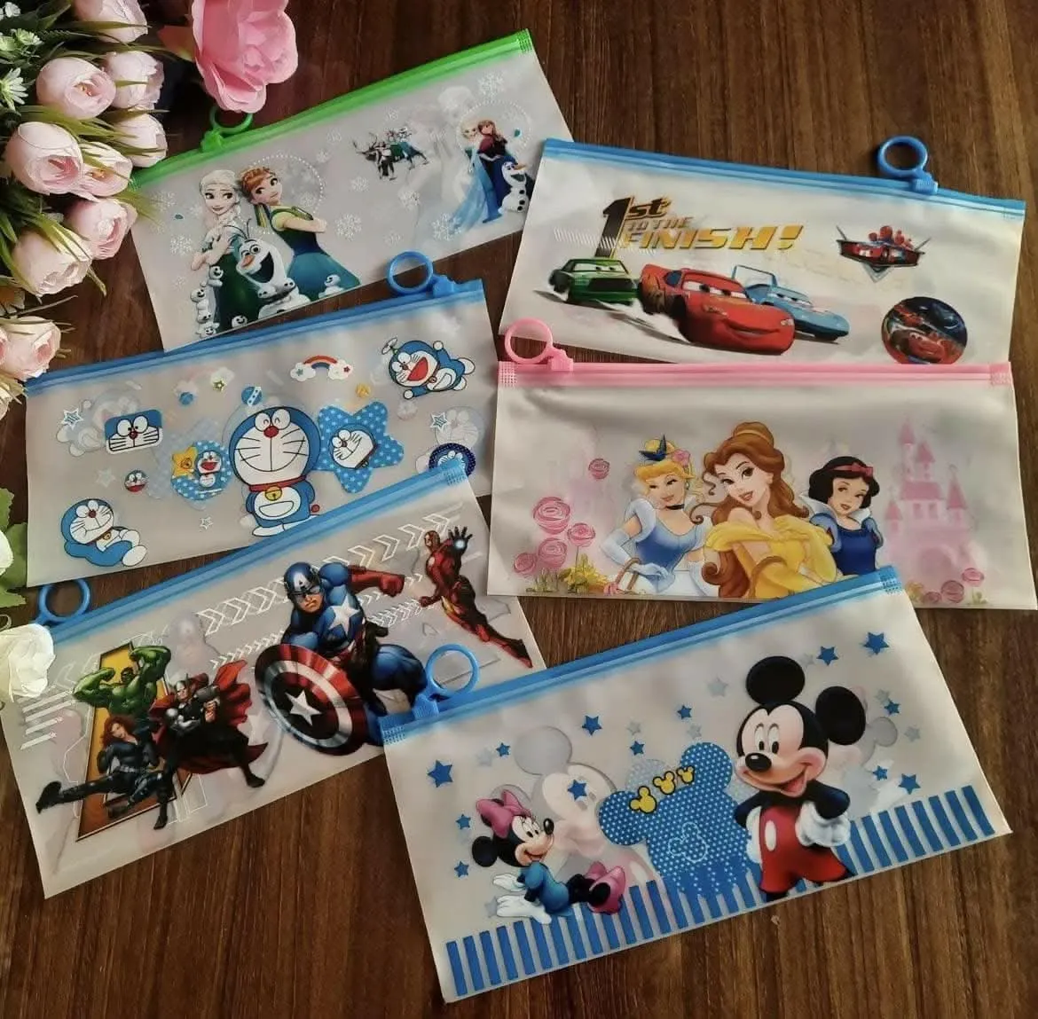 Le Delite 6 Pieces Cartoon Zipper Folder Pouches for Kids with Stationary Pencil, Scale, Eraser & Sharpener (Pack of 6)