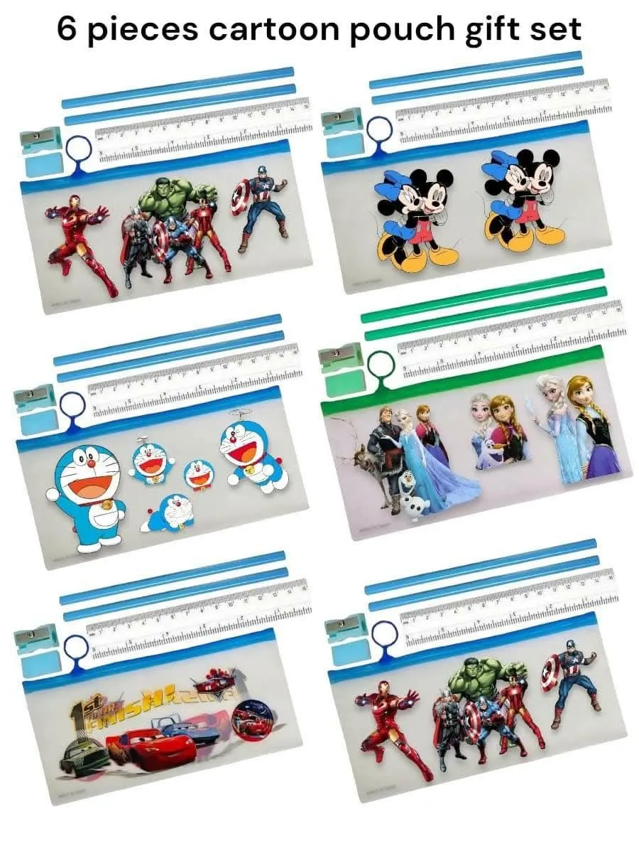 Le Delite 6 Pieces Cartoon Zipper Folder Pouches for Kids with Stationary Pencil, Scale, Eraser & Sharpener (Pack of 6)
