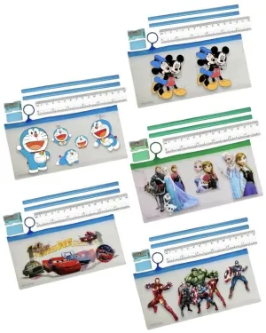 Le Delite 6 Pieces Cartoon Zipper Folder Pouches for Kids with Stationary Pencil, Scale, Eraser & Sharpener (Pack of 6)